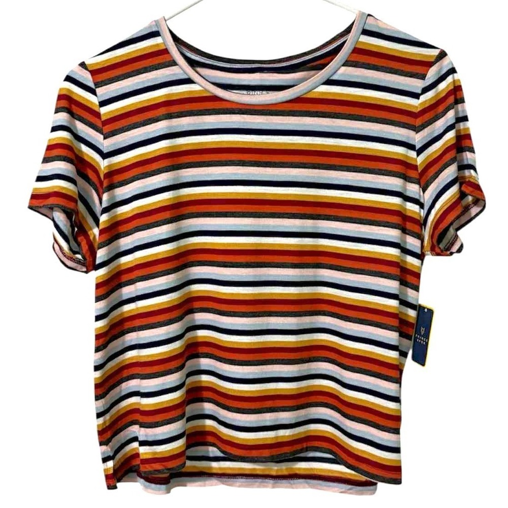 Prince & Fox Womens Medium Short Sleeve Orange Blue Stripe Marine Tee Shirt NWT